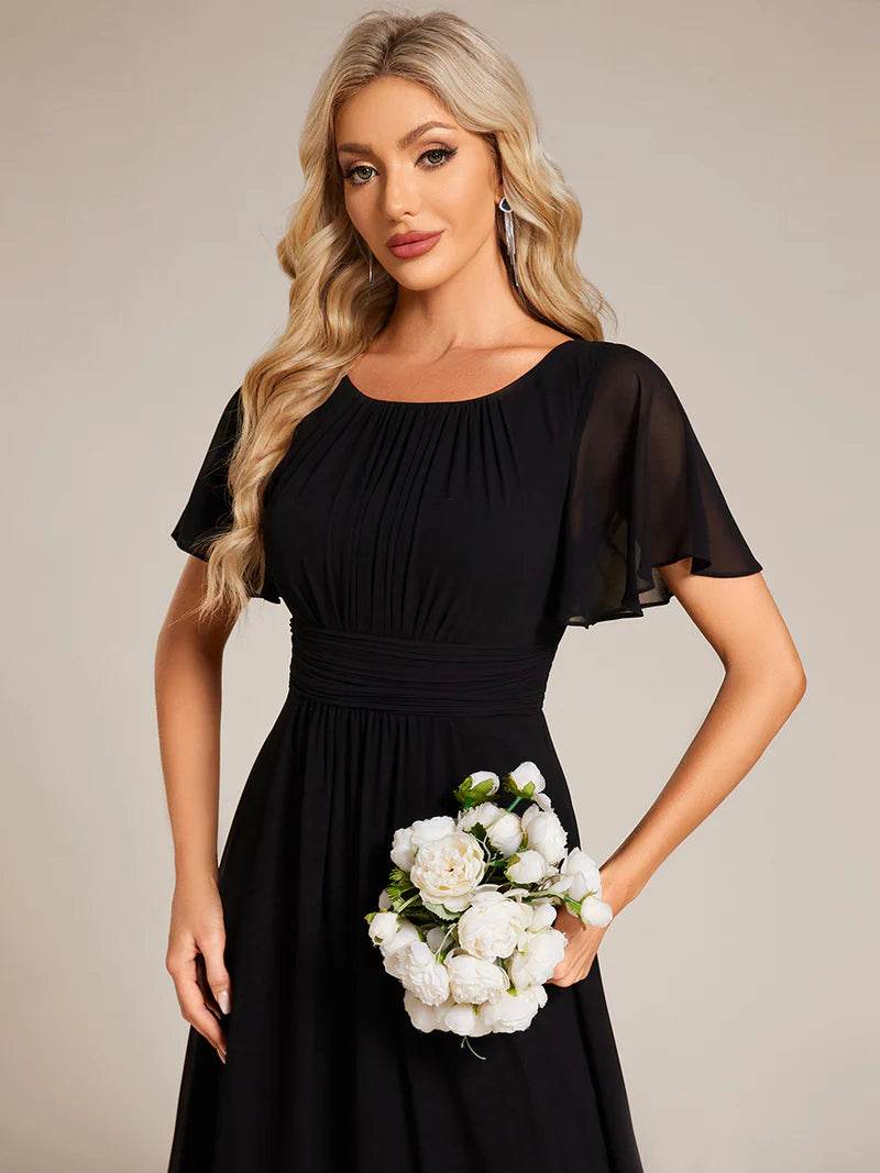 Pleated Bridesmaid Dress – Round Neck Elegant Gown for Weddings - Biamonde
