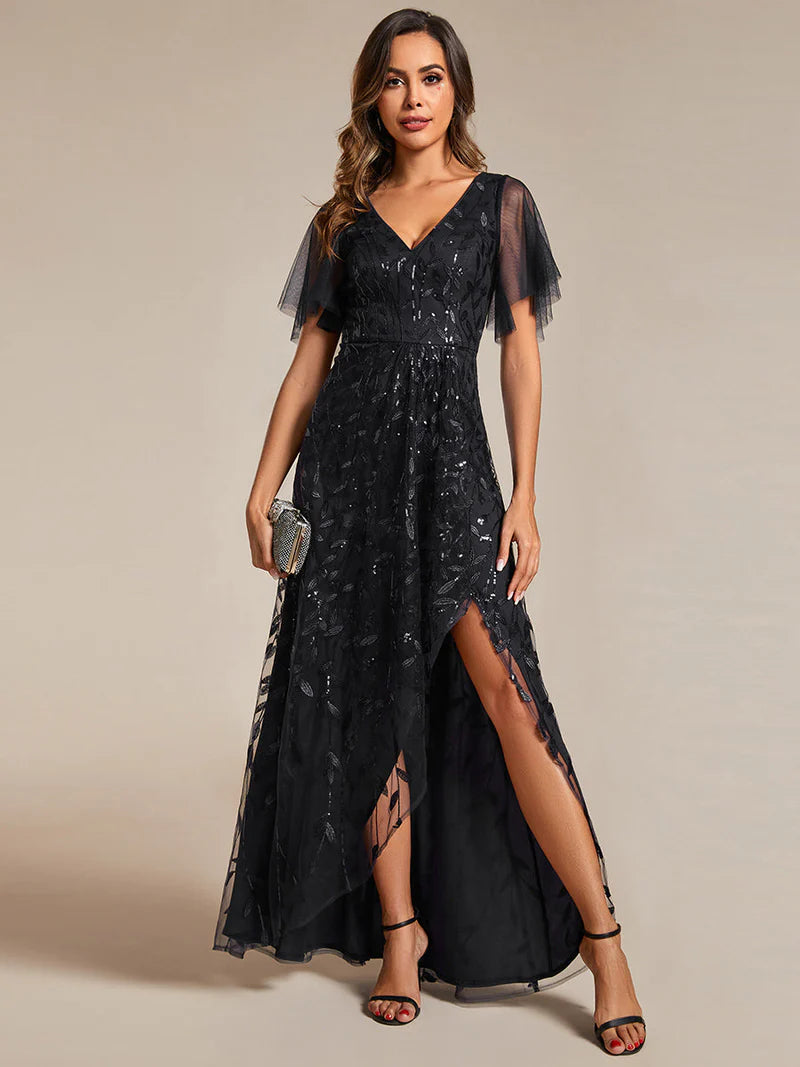 Black sequin mesh evening dress with V-neck, high-low hem, and short sleeves