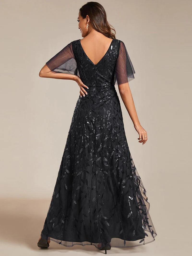Black sequin mesh evening dress with V-neck, high-low hem, and short sleeves