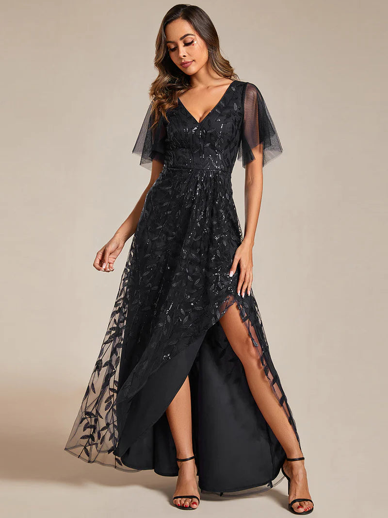 Black sequin mesh evening dress with V-neck, high-low hem, and short sleeves