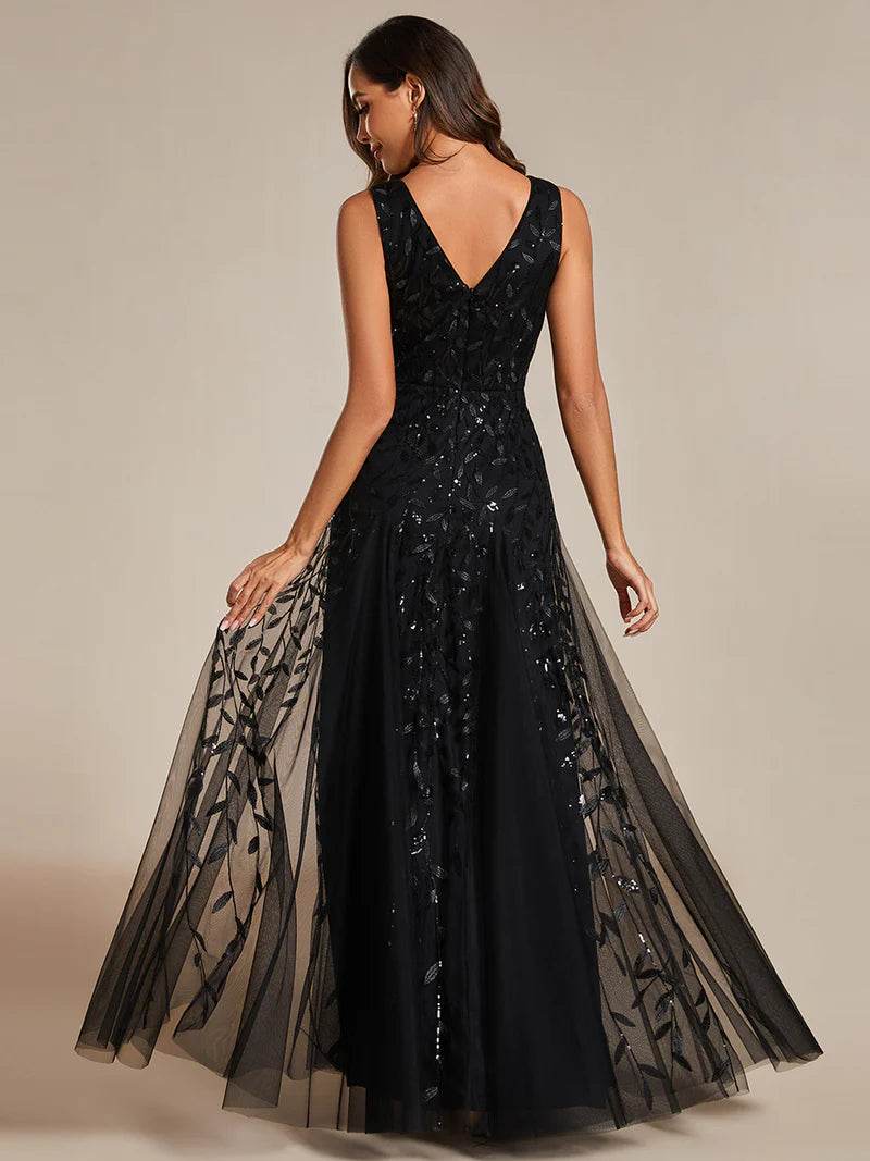 Sequin Evening Dress with V-Neck and Sleeveless Tulle Skirt - Biamonde