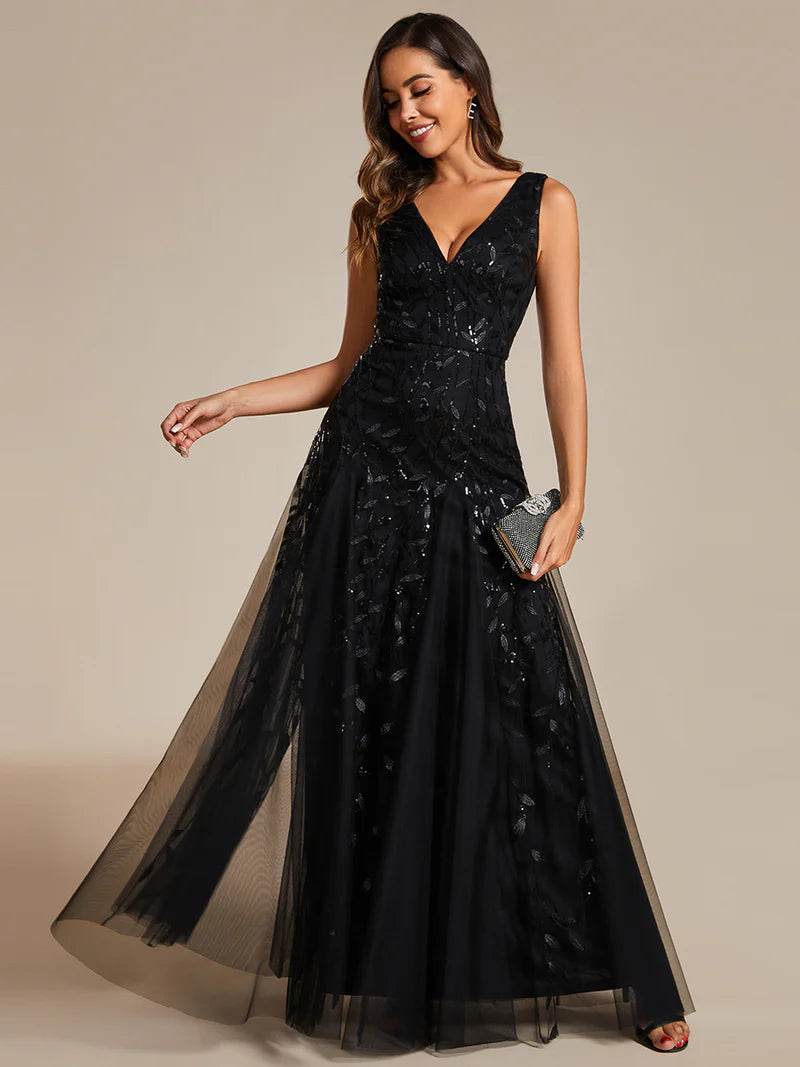 Sequin Evening Dress with V-Neck and Sleeveless Tulle Skirt - Biamonde