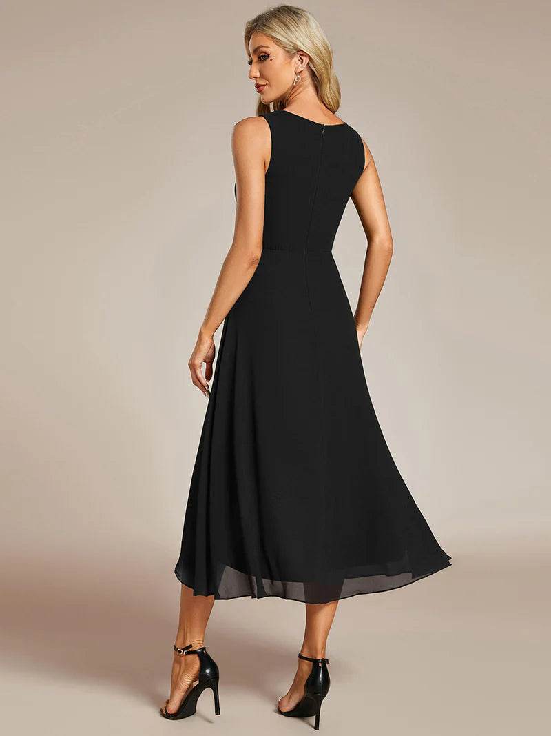 Tea-Length Chiffon Wedding Guest Dress – V-Neck with Appliques - Biamonde