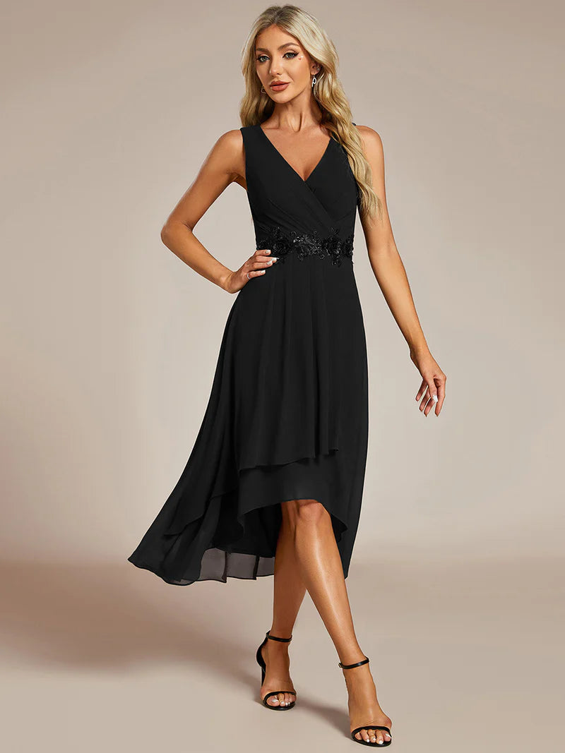 Black Tea-length chiffon wedding guest dress with V-neckline and delicate appliqués