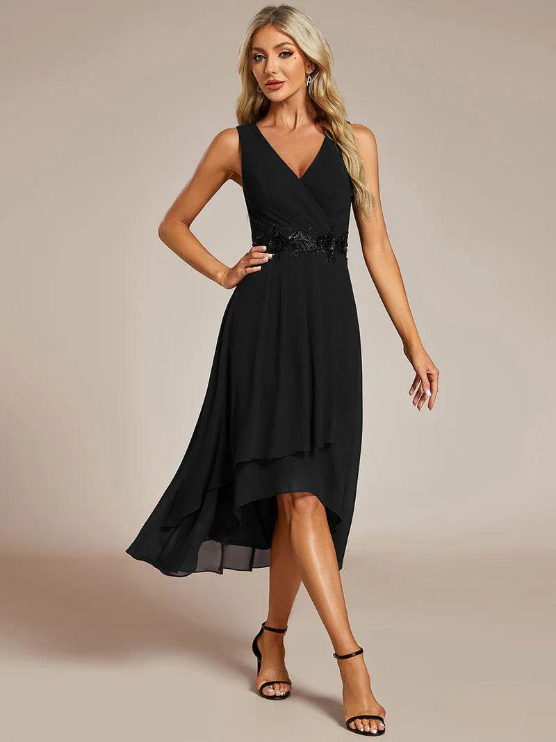 Tea-Length Chiffon Wedding Guest Dress – V-Neck with Appliques - Biamonde