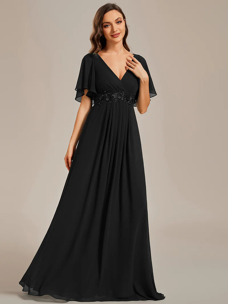 Elegant V-Neck Pleated Bridesmaid Dress with Floral Appliqués