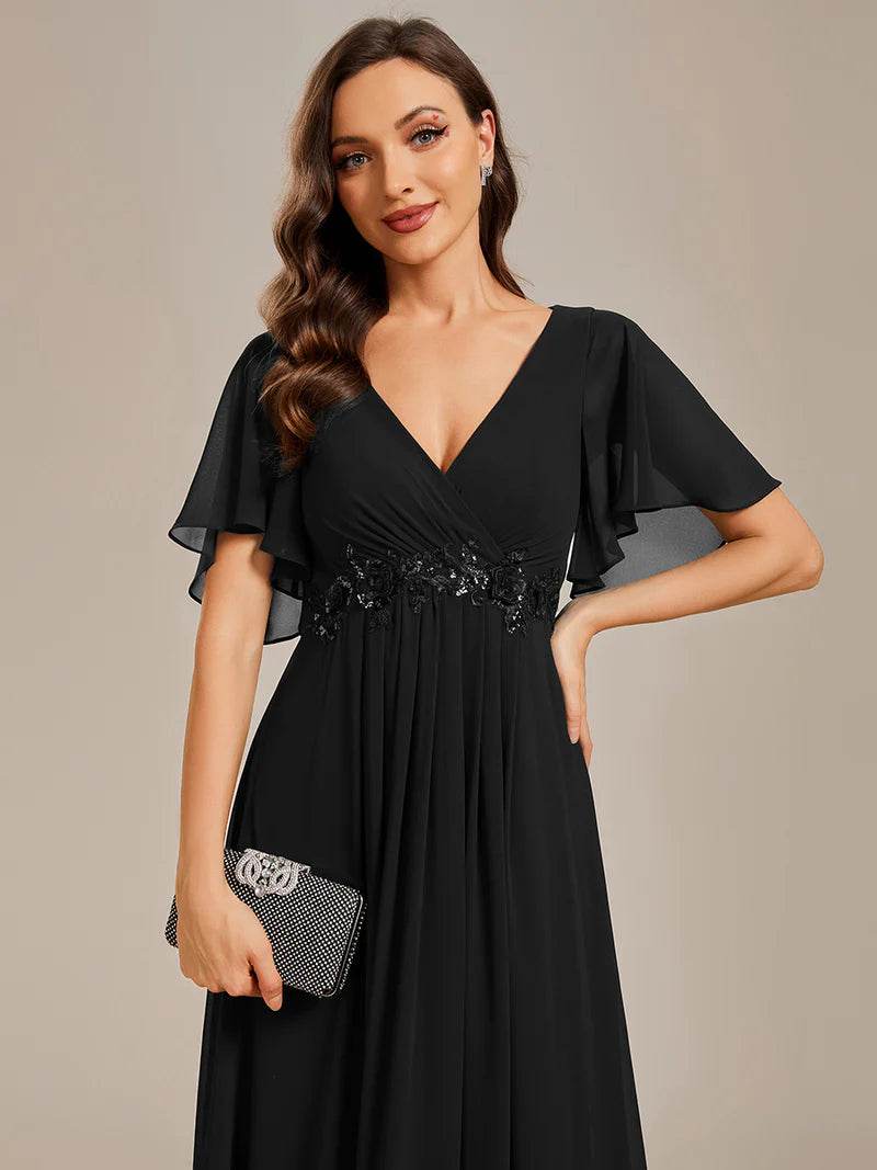 Elegant V-Neck Pleated Bridesmaid Dress with Floral Appliqués - Biamonde