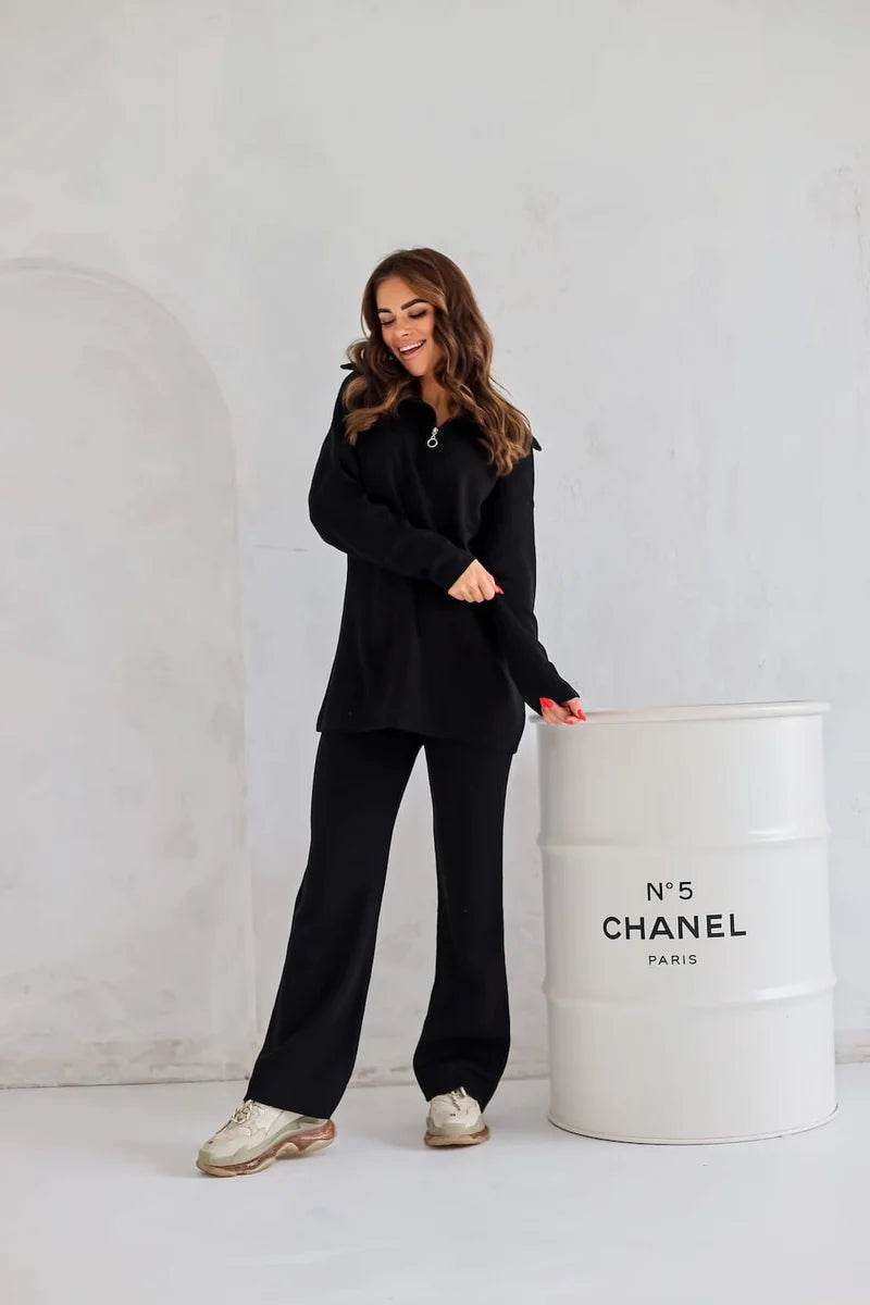 Black Zip Sweater Set – Sleek Two-Piece Knit for Effortless Street Style - Biamonde
