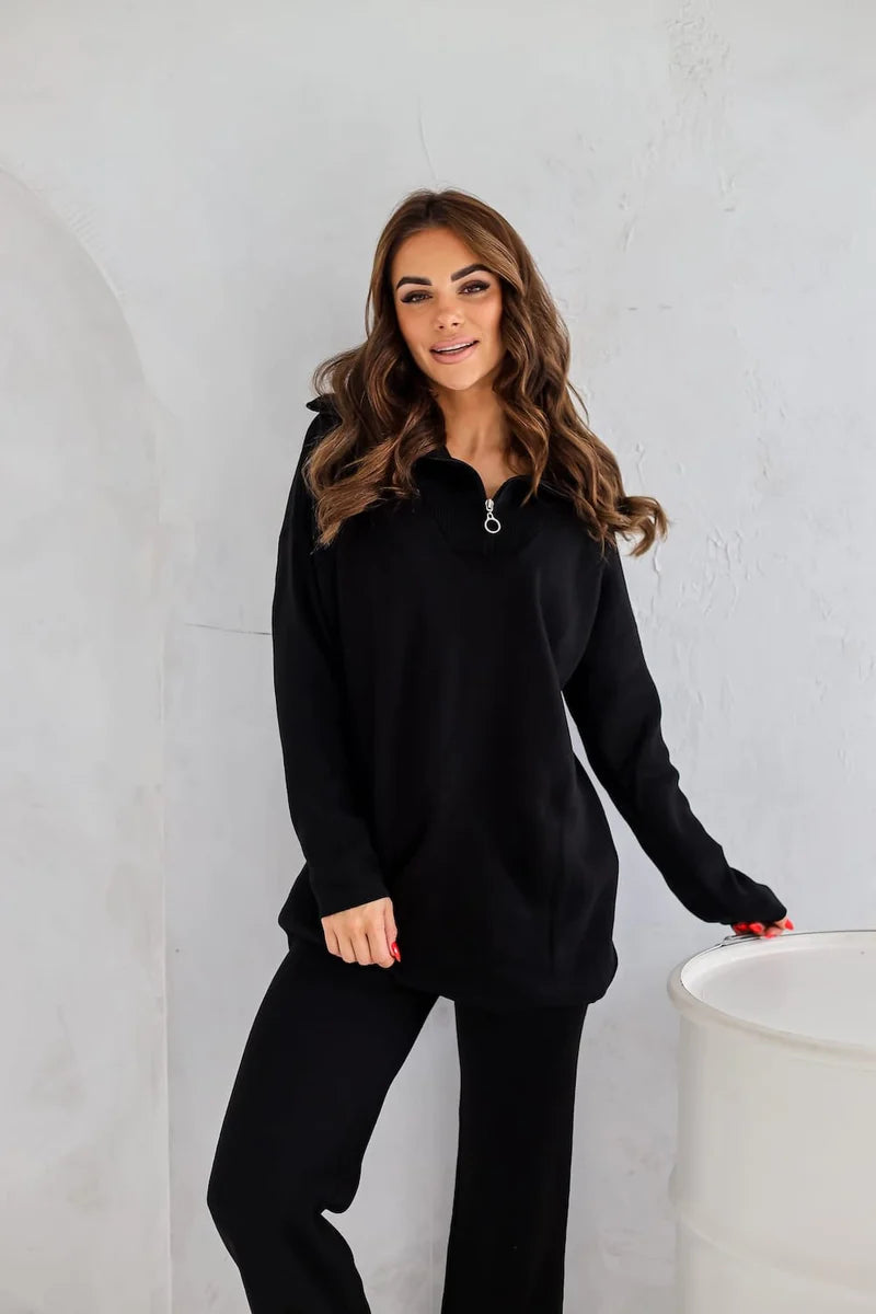 Black zip sweater set, sleek two-piece knit for effortless street style