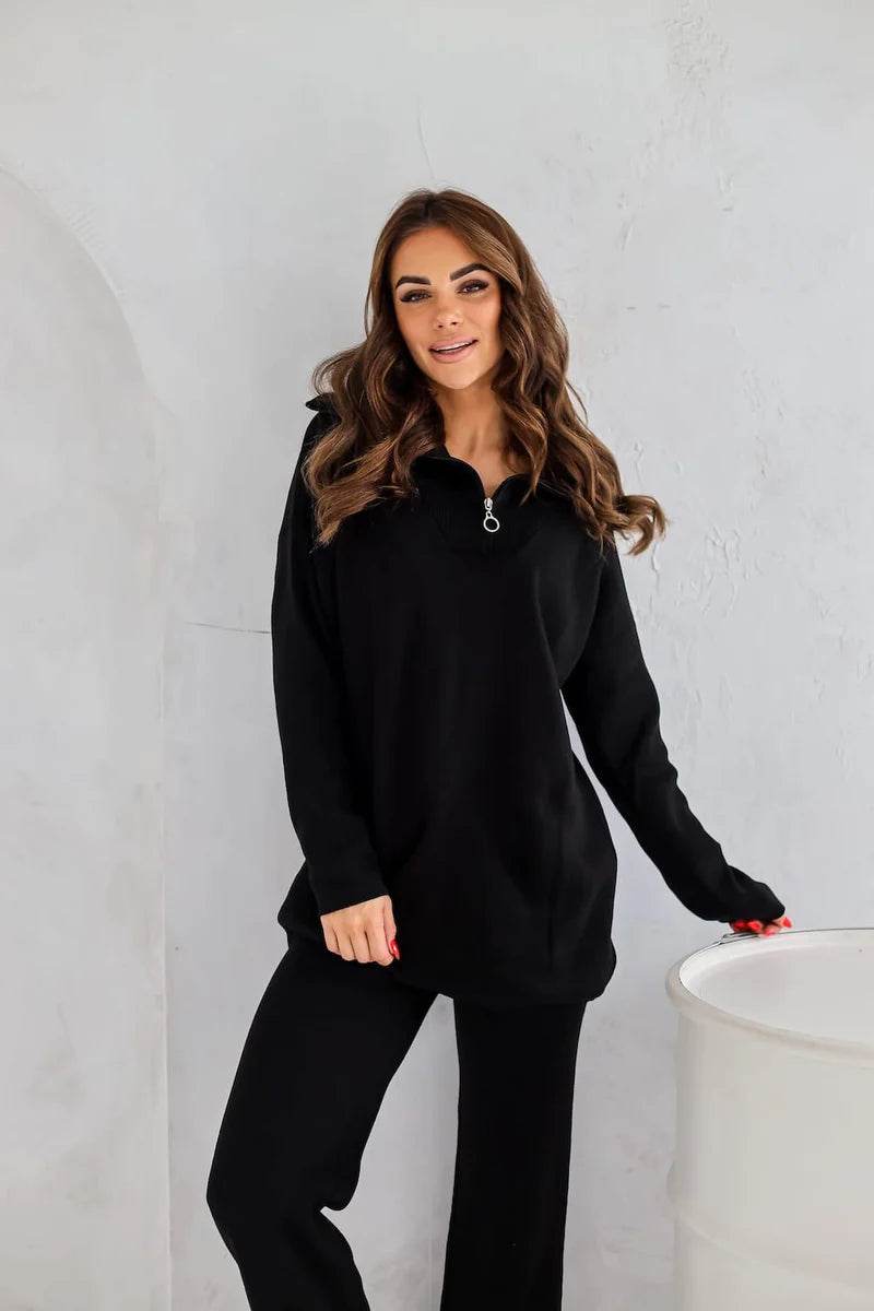 Black Zip Sweater Set – Sleek Two-Piece Knit for Effortless Street Style - Biamonde