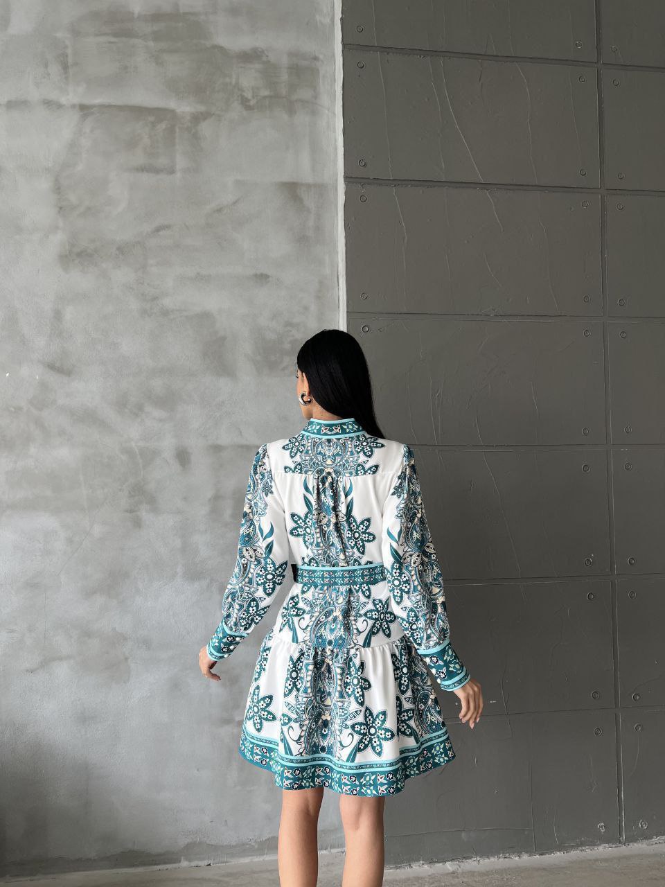 Bohemian Paisley Print Long Sleeve Mini Shirt Green Dress