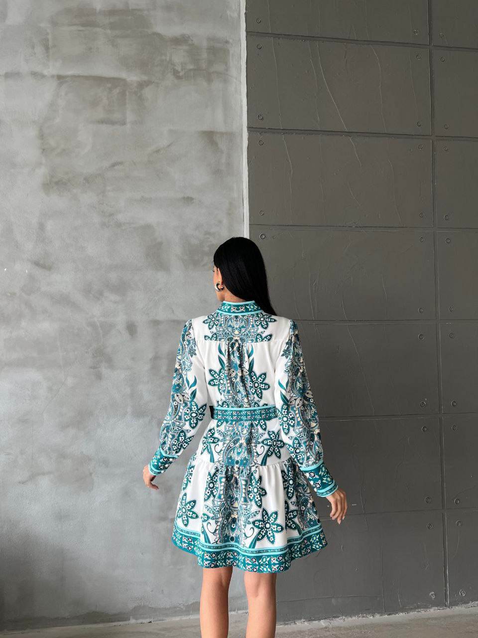 Bohemian Paisley Print Long Sleeve Mini Shirt Green Dress - Biamonde