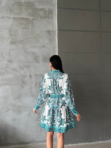 Bohemian Paisley Print Long Sleeve Mini Shirt Green Dress - Biamonde