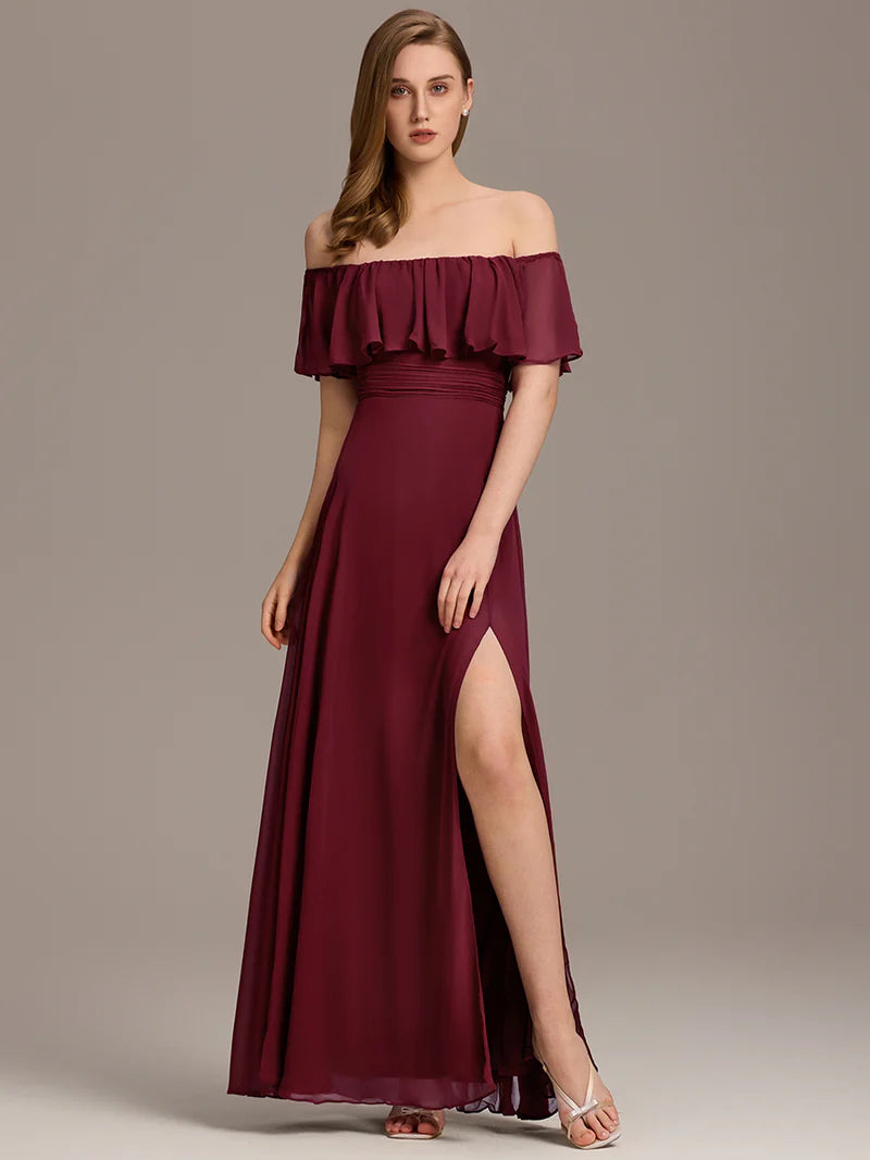 Burgundy elegant off-the-shoulder bridesmaid dress with ruffle detailing and thigh-high split