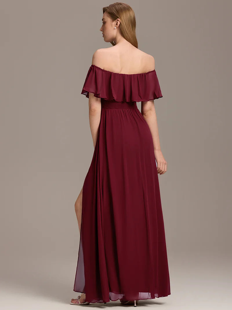 Burgundy elegant off-the-shoulder bridesmaid dress with ruffle detailing and thigh-high split