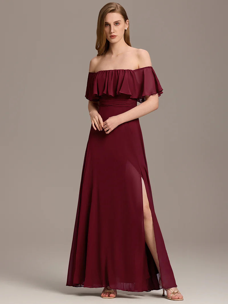 Off-the-Shoulder Bridesmaid Dress – Ruffled with Thigh Split