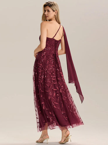 Burgundy One shoulder sequin A-line maxi dress for wedding guests in an elegant style