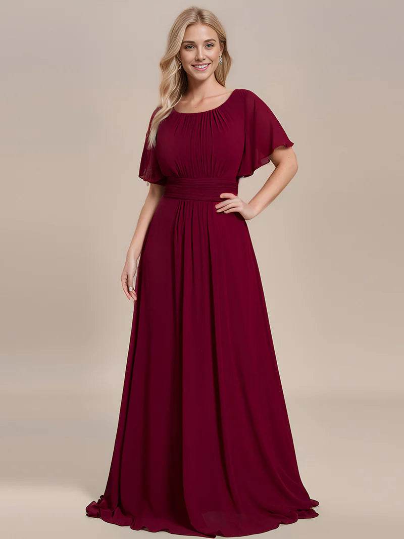 Pleated Bridesmaid Dress – Round Neck Elegant Gown for Weddings - Biamonde