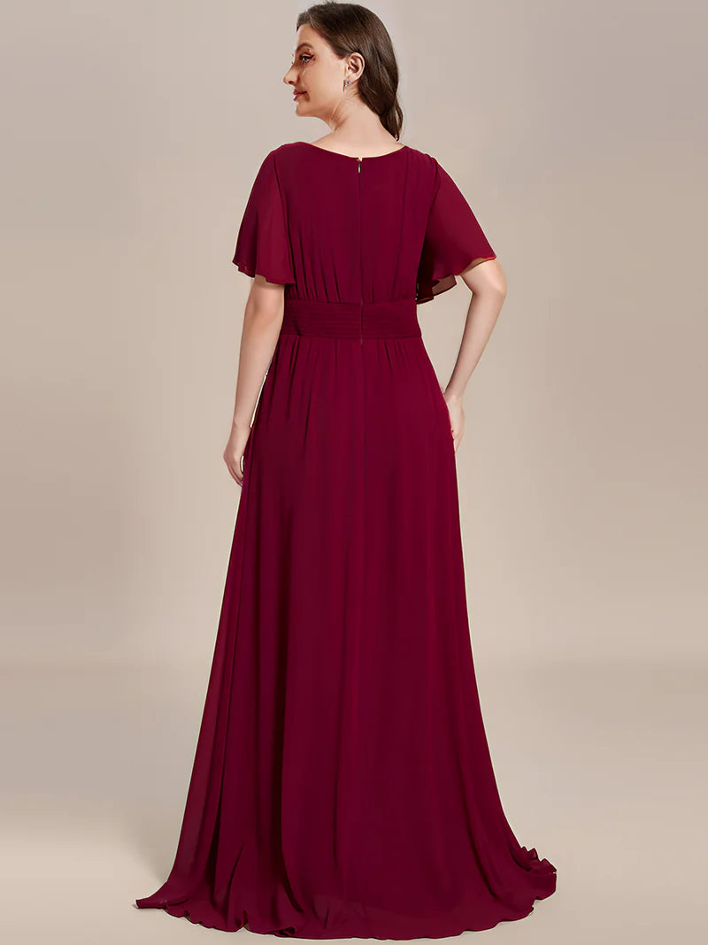 Round neck burgundy bridesmaid gown in a pleated design for elegant wedding looks