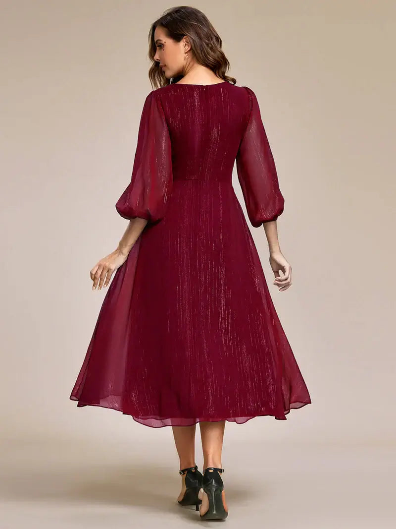 Burgundy elegant shiny chiffon wedding guest dress with long sleeves and flowing silhouette