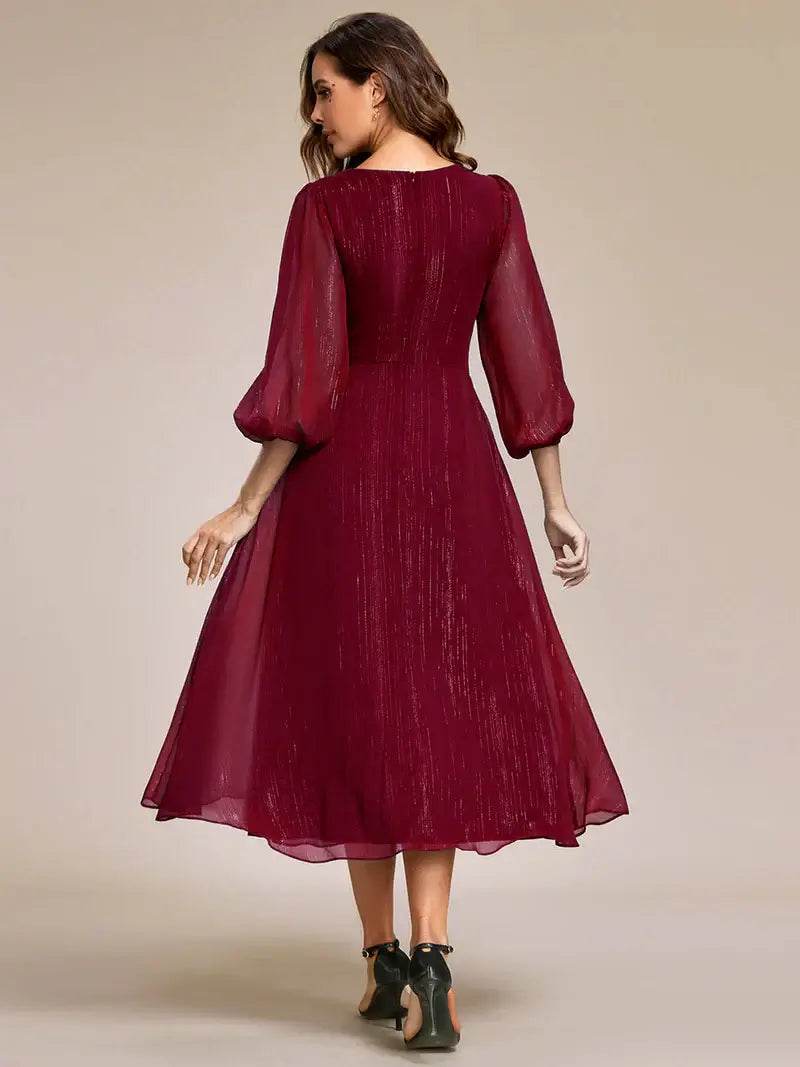 Shiny Chiffon Wedding Guest Dress with Long Sleeves – Elegant & Flowy - Biamonde
