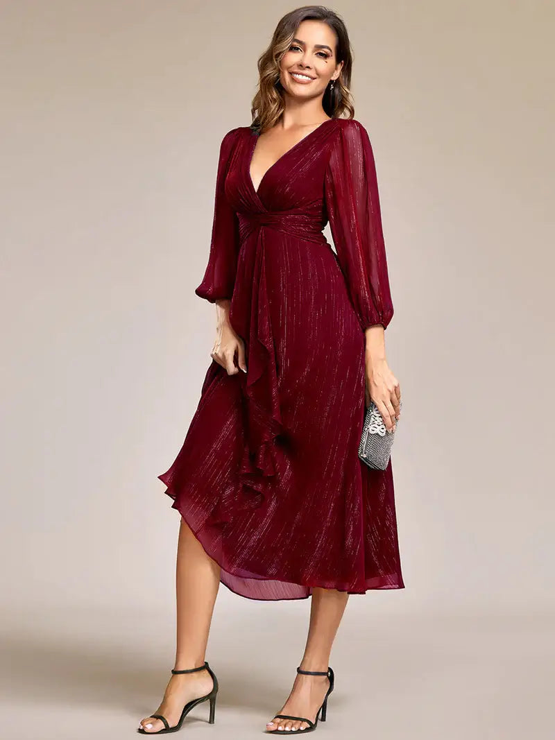 Burgundy elegant shiny chiffon wedding guest dress with long sleeves and flowing silhouette