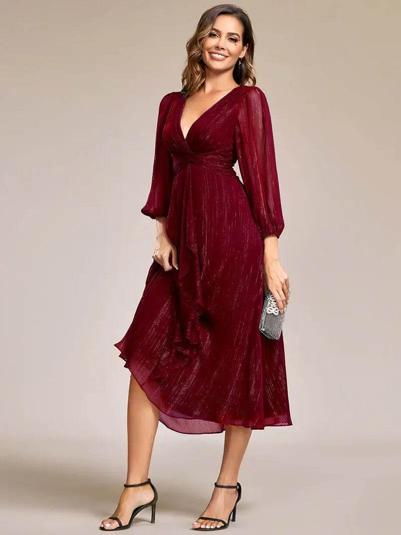 Shiny Chiffon Wedding Guest Dress with Long Sleeves – Elegant & Flowy - Biamonde