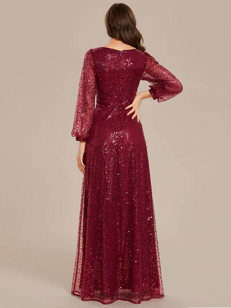 Elegant V-Neck Chiffon Guest Dress with Long Sleeves and Fitted Waist - Biamonde