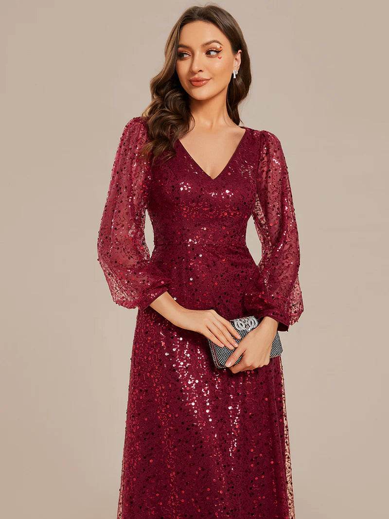 Elegant V-Neck Chiffon Guest Dress with Long Sleeves and Fitted Waist - Biamonde