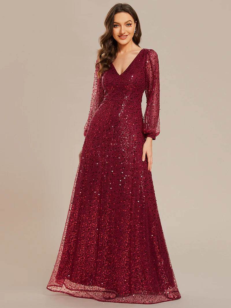 Elegant V-Neck Chiffon Guest Dress with Long Sleeves and Fitted Waist - Biamonde