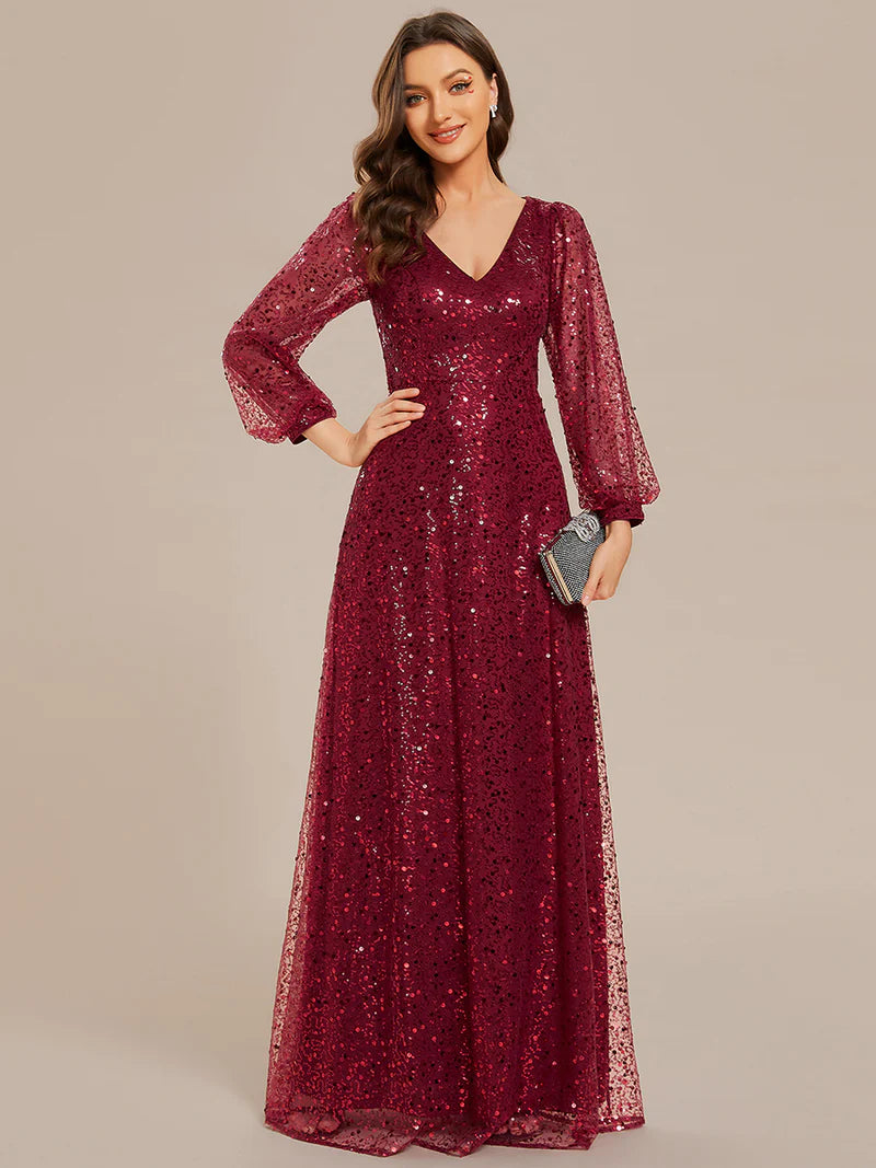 Elegant V-Neck Chiffon Guest Dress with Long Sleeves and Fitted Waist