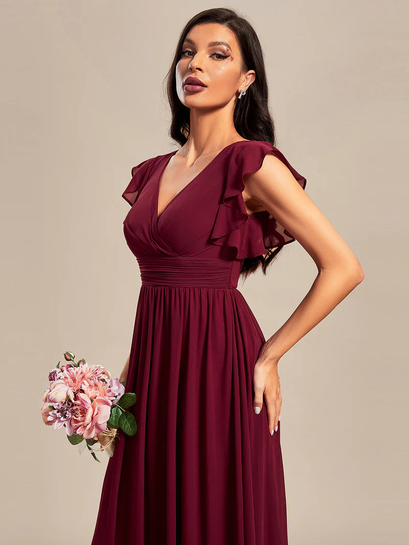 Burgundy Elegant V-neck bridesmaid dress with pleats, ruffle details, and a waist belt