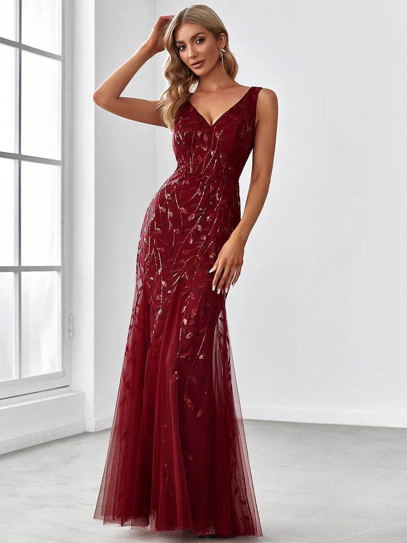 Women's Double V-Neck Fishtail Evening Dress – Sequin Glamour Gown - Biamonde