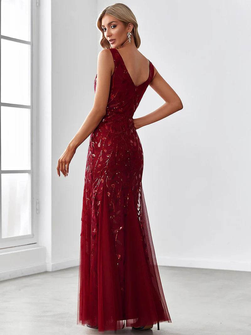 Women's Double V-Neck Fishtail Evening Dress – Sequin Glamour Gown - Biamonde