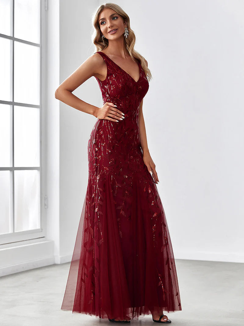 Women's Double V-Neck Fishtail Evening Dress – Sequin Glamour Gown