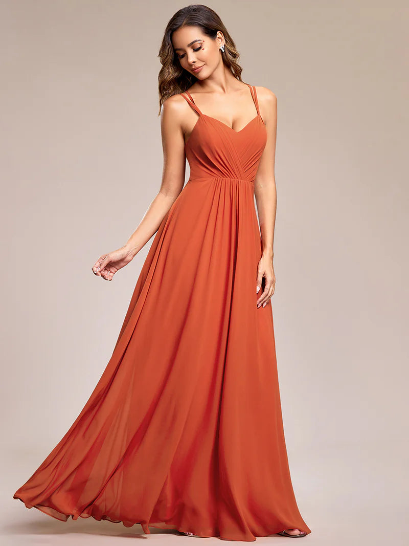 Burnt orange Elegant chiffon bridesmaid dress with lace V-back and lightweight design
