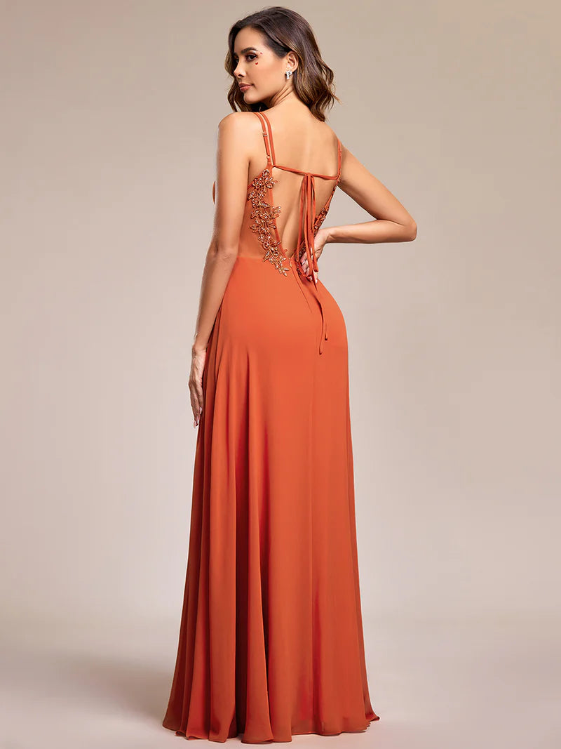 Burnt orange Elegant chiffon bridesmaid dress with lace V-back and lightweight design