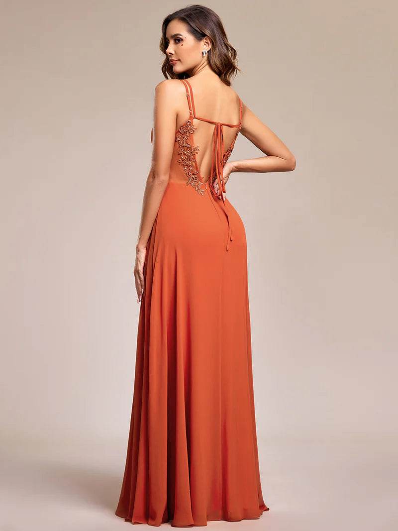Chiffon Bridesmaid Dress with Lace V-Back – Elegant & Lightweight Gown - Biamonde