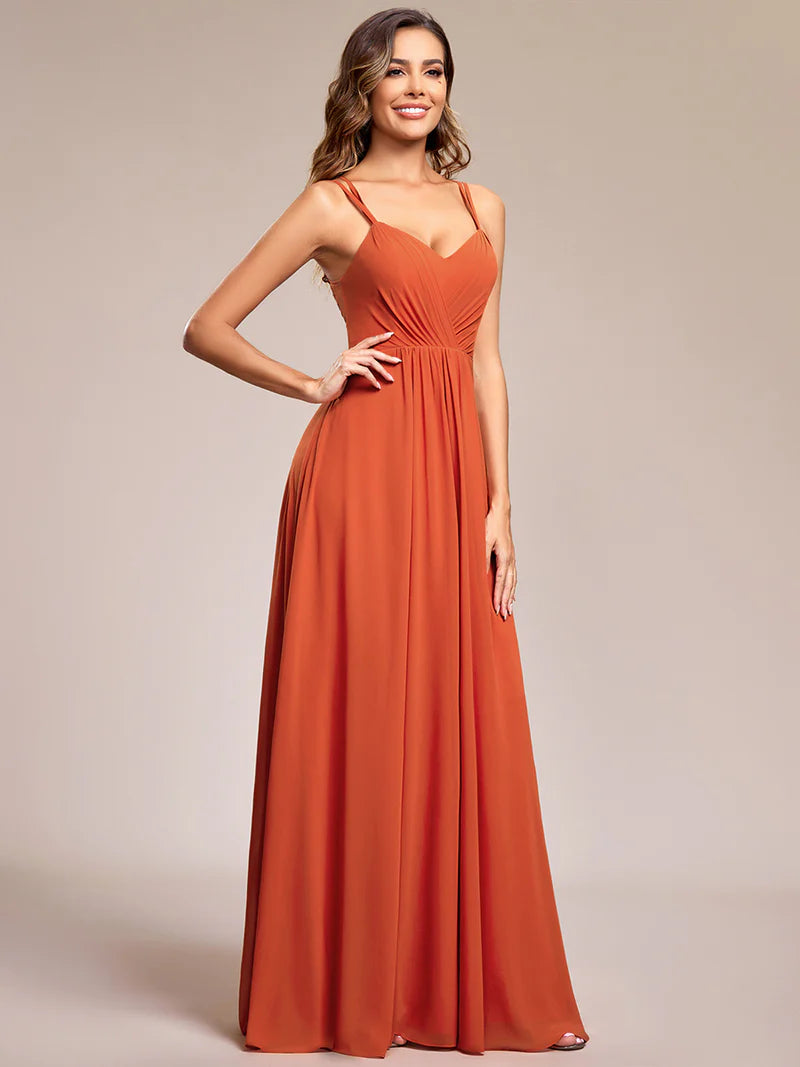 Burnt orange Elegant chiffon bridesmaid dress with lace V-back and lightweight design