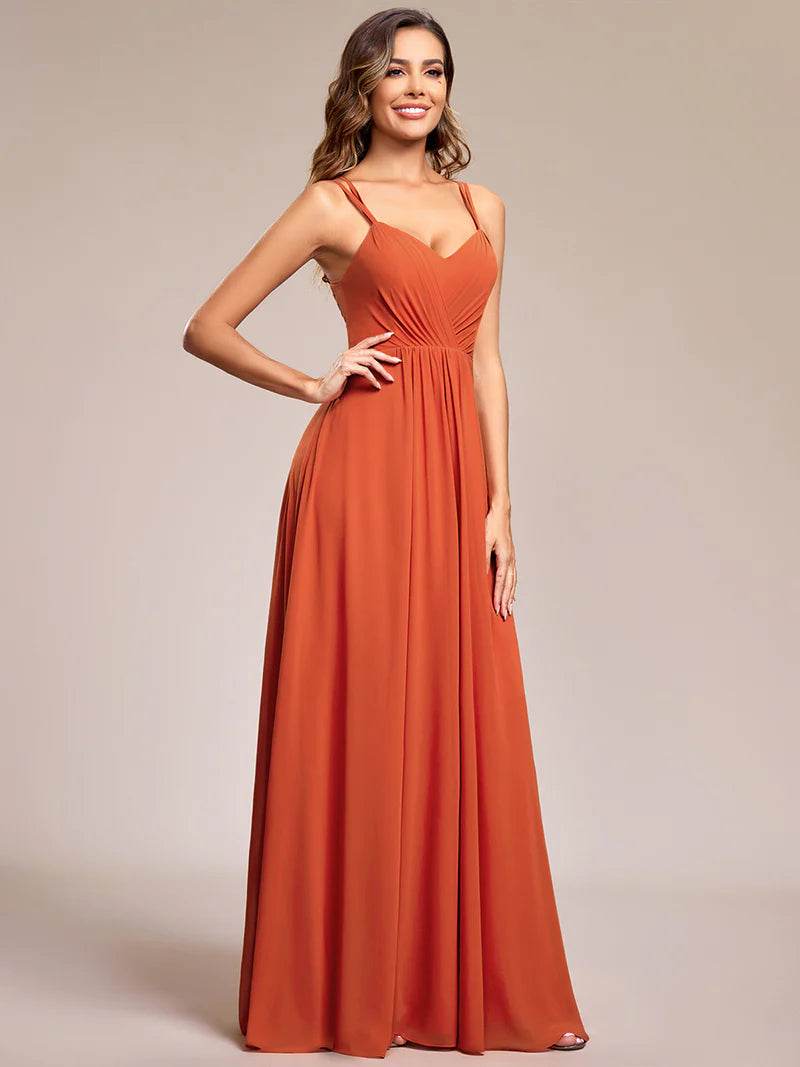 Chiffon Bridesmaid Dress with Lace V-Back – Elegant & Lightweight Gown - Biamonde
