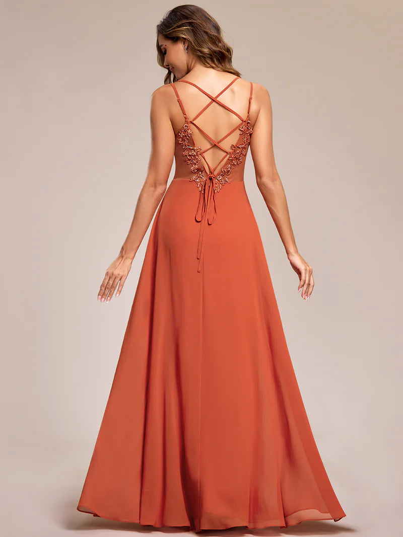 Burnt orange Elegant chiffon bridesmaid dress with lace V-back and lightweight design