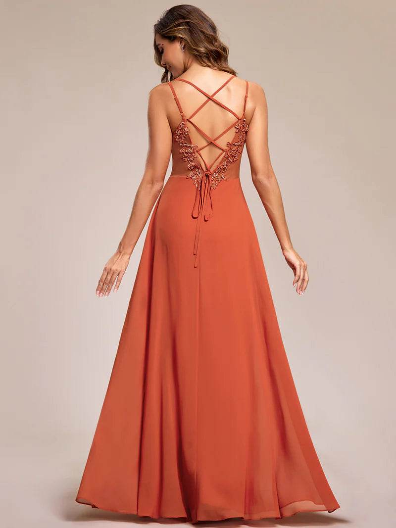 Chiffon Bridesmaid Dress with Lace V-Back – Elegant & Lightweight Gown - Biamonde