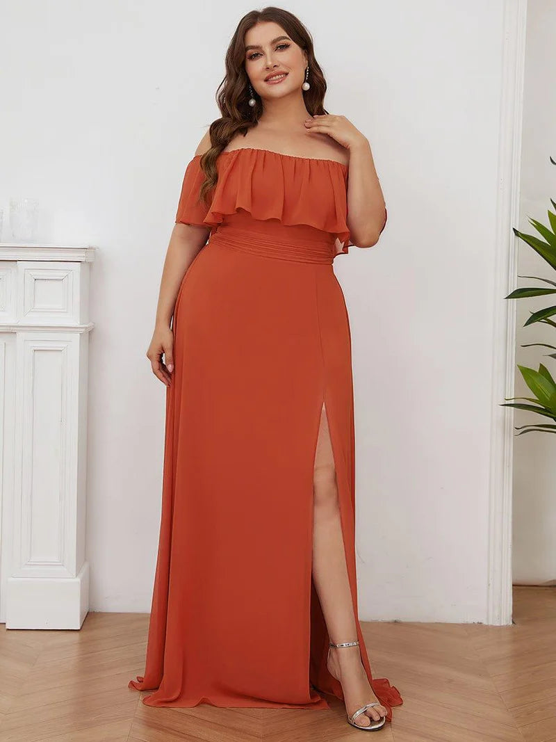 Burnt orange Off-the-shoulder bridesmaid dress with ruffles and a thigh-high slit