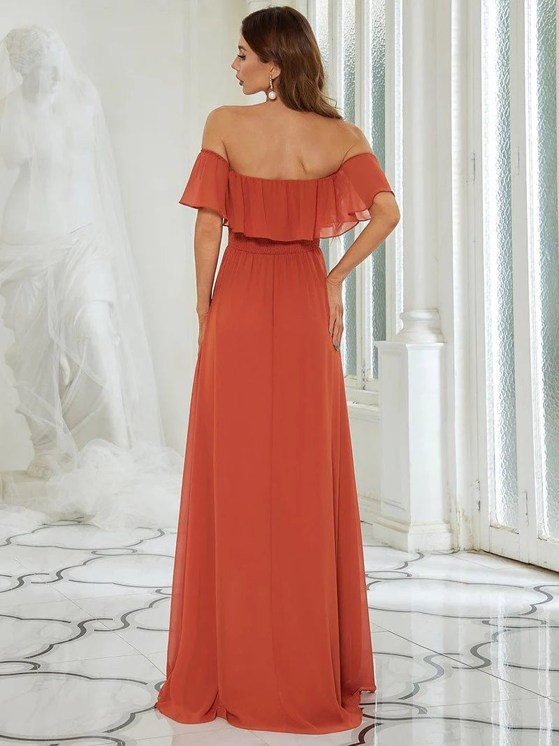 Burnt orange Off-the-shoulder bridesmaid dress with ruffles and a thigh-high slit