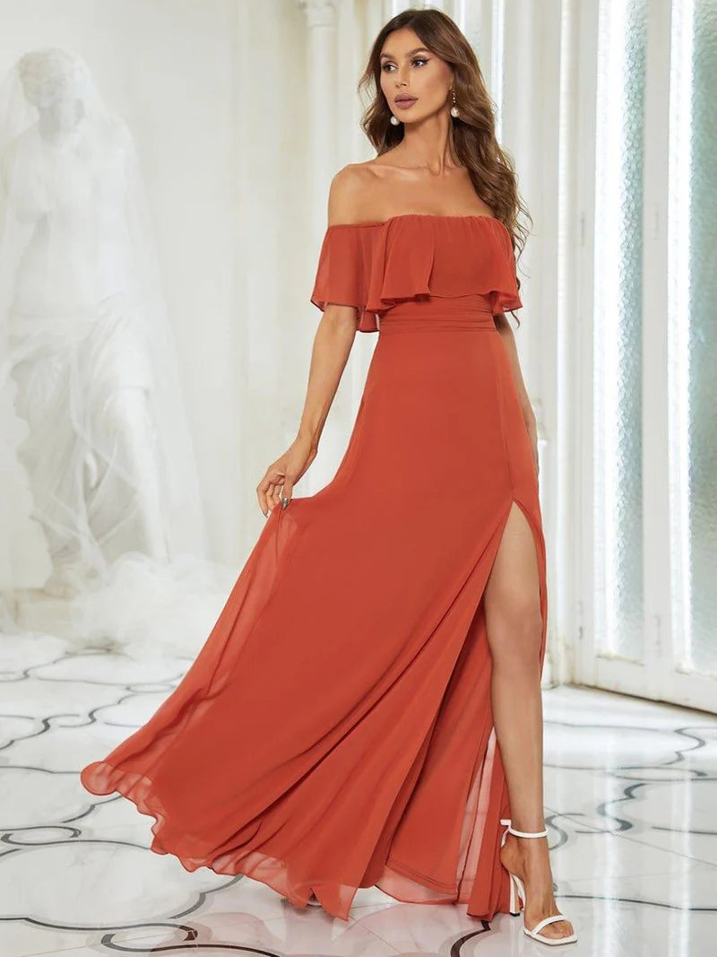 Burnt orange Off-the-shoulder bridesmaid dress with ruffles and a thigh-high slit