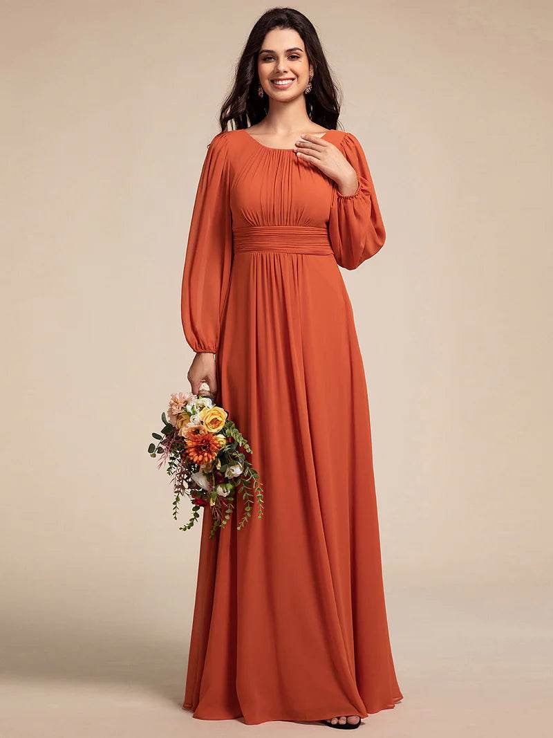 Round Neck Bridesmaid Dress – Long Lantern Sleeves, Elegant Fit - Biamonde