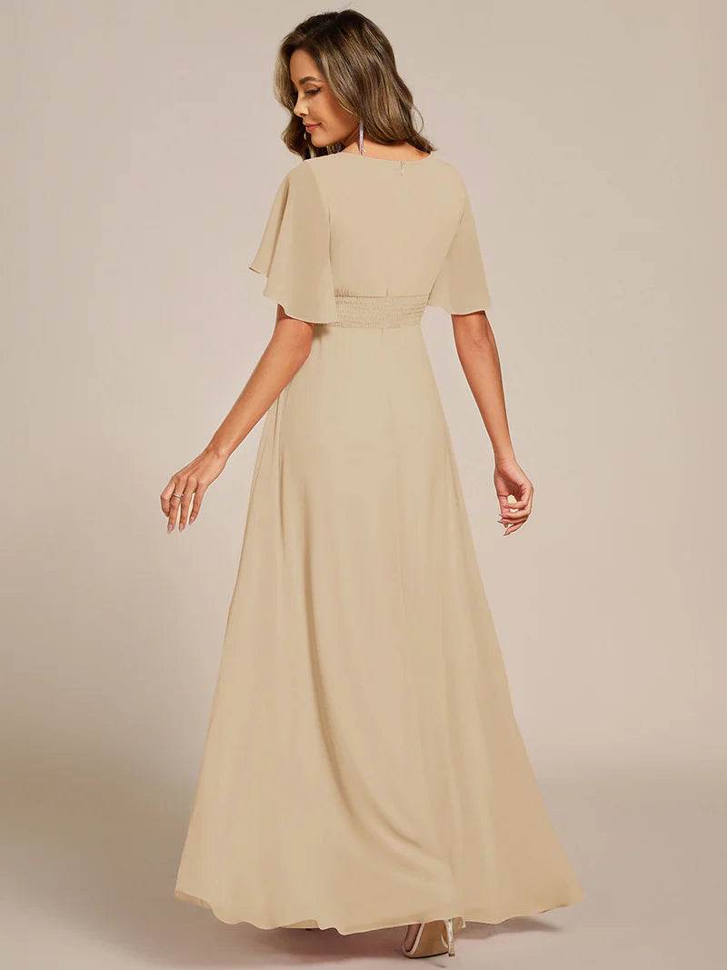 A-Line Floor-Length Evening Dress with Short Sleeves and Applique - Biamonde