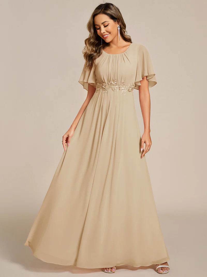 A-Line Floor-Length Evening Dress with Short Sleeves and Applique - Biamonde