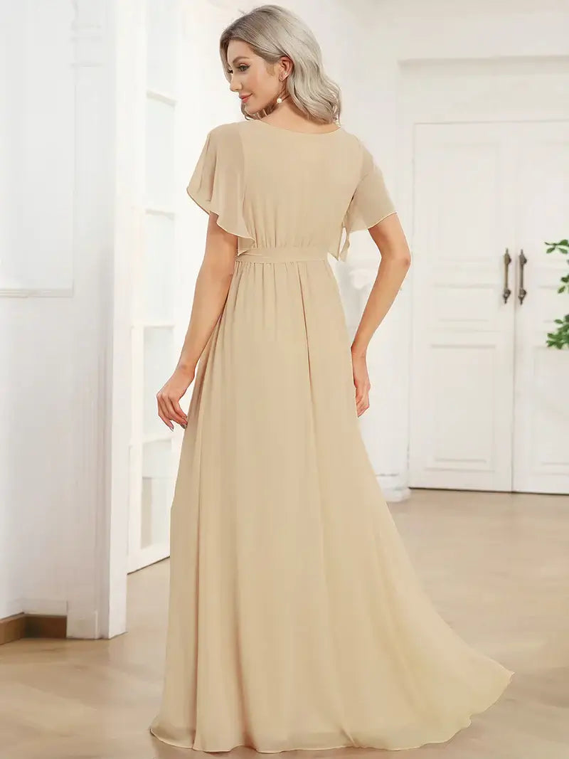Charcoal elegant A-line bridesmaid dress with deep V-neckline and soft ruffle sleeves