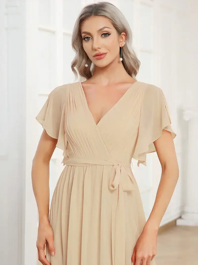 Charcoal elegant A-line bridesmaid dress with deep V-neckline and soft ruffle sleeves